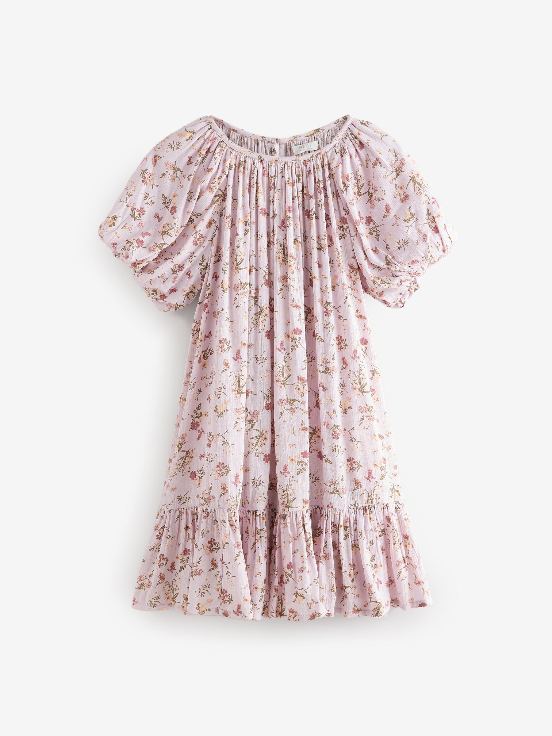 Lilac Purple Floral Puff Sleeve Dress (3-16yrs)