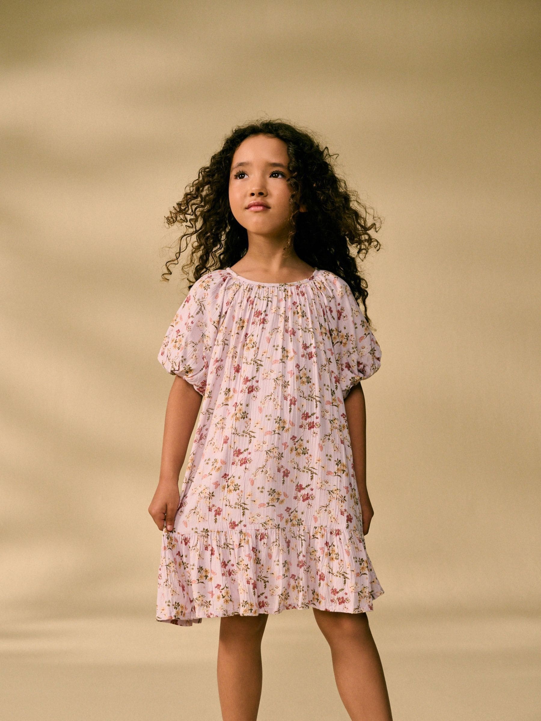 Lilac Purple Floral Puff Sleeve Dress (3-16yrs)