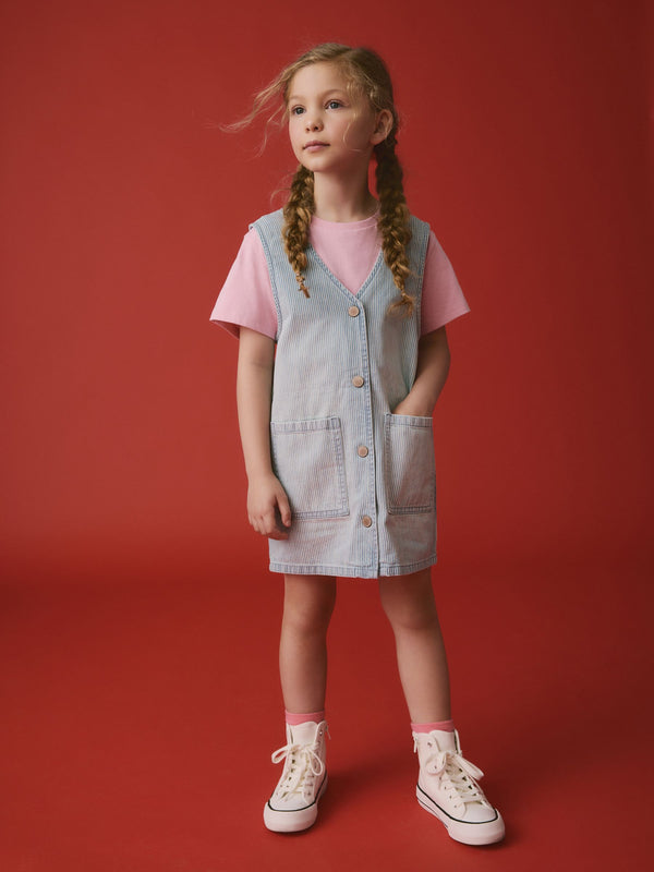 Blue/Pink Denim Pinafore 100% Cotton Dress and T-Shirt Set (3-16yrs)