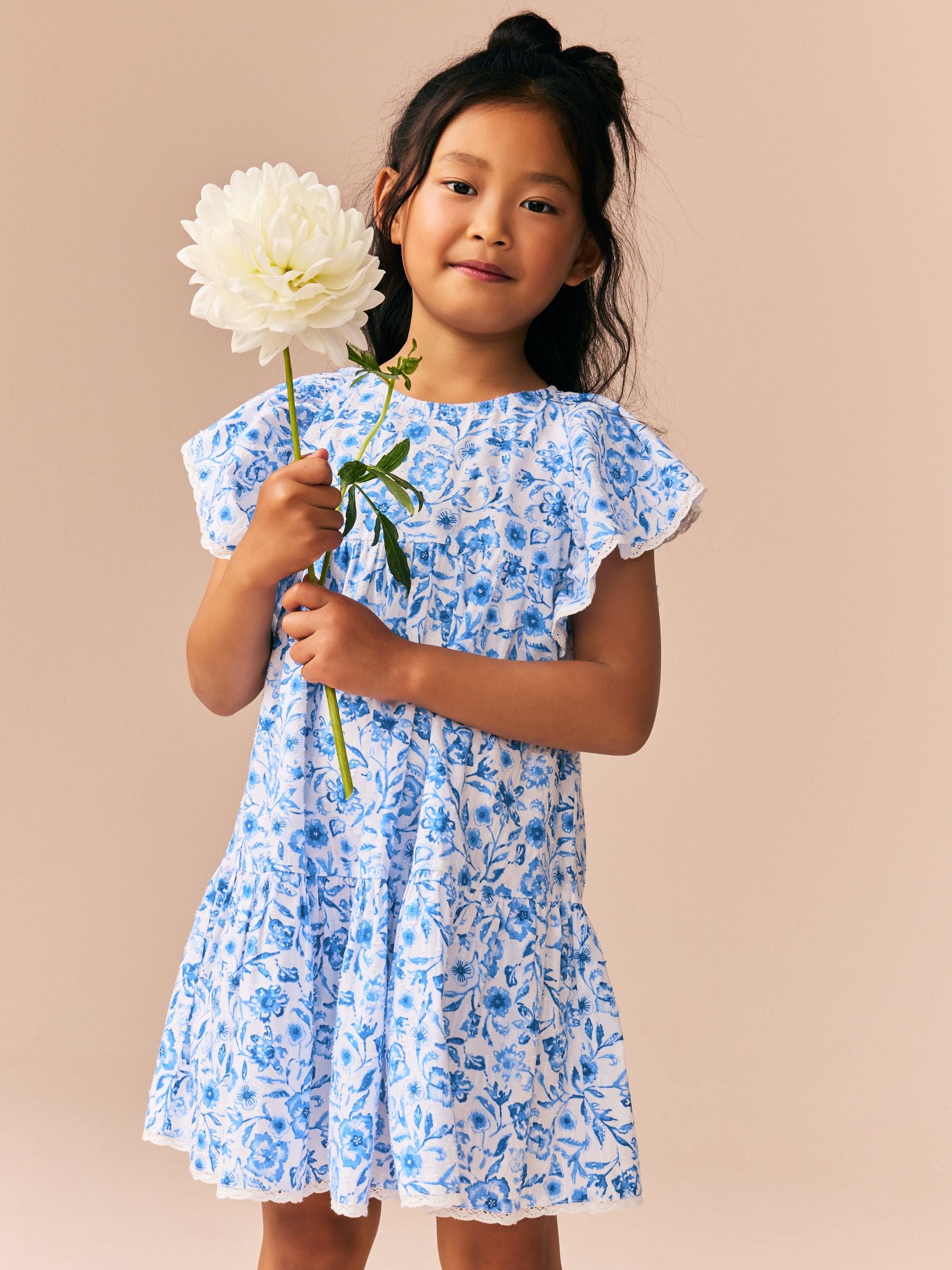 Blue Floral Printed 100% Cotton Ruffle Dress (3-16yrs)