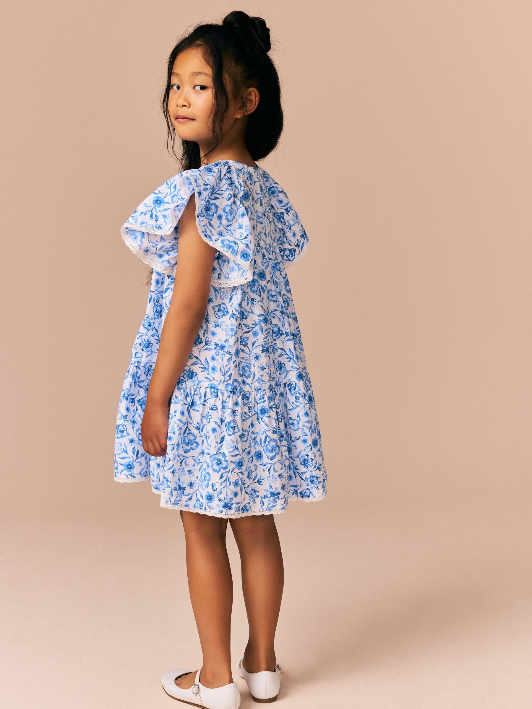 Blue Floral Printed 100% Cotton Ruffle Dress (3-16yrs)