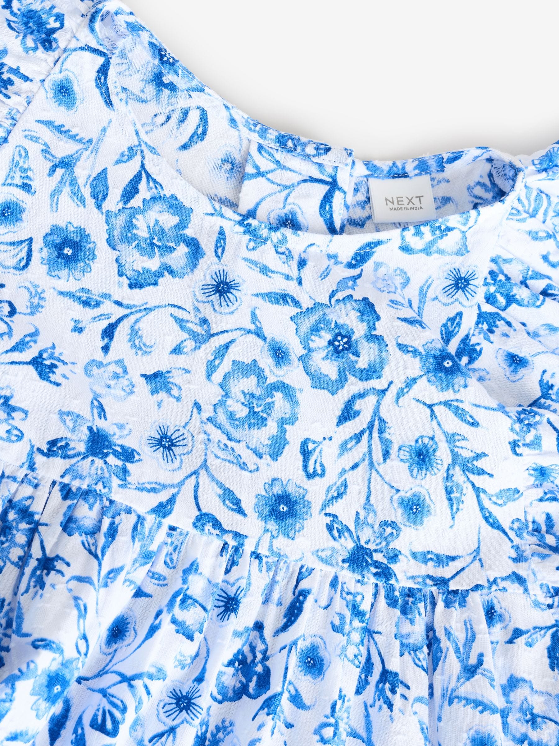 Blue Floral Printed 100% Cotton Ruffle Dress (3-16yrs)