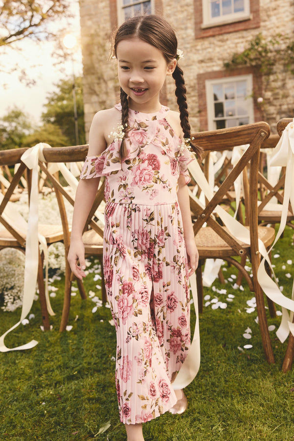 Pink Floral Cold-Shoulder Jumpsuit (3-16yrs)