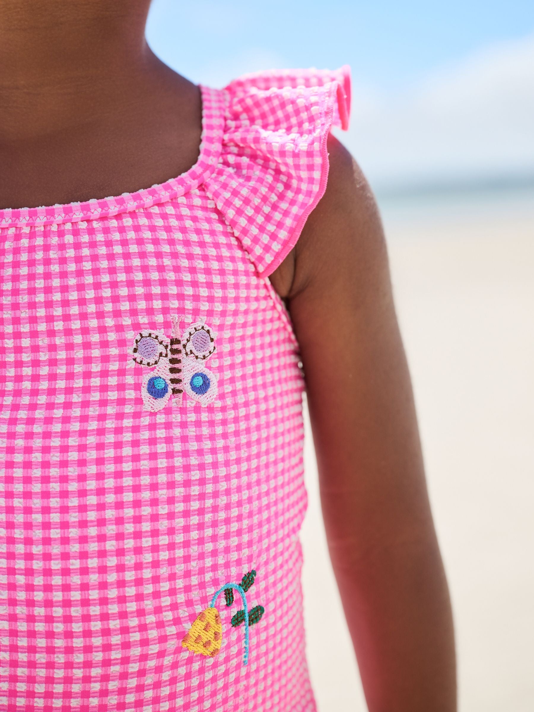 Pink Gingham Frill Shoulder Swimsuit (3mths-7yrs)