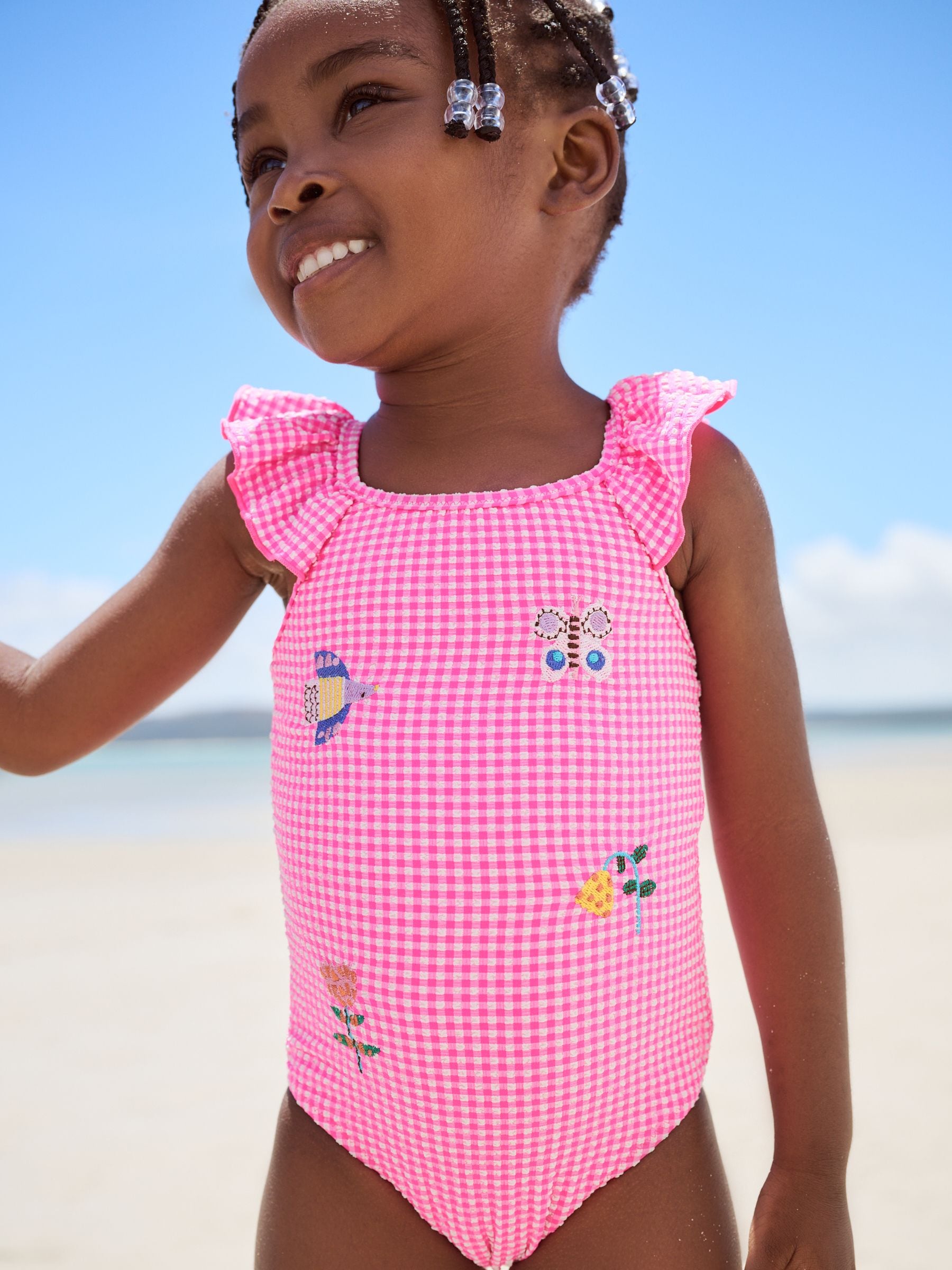 Pink Gingham Frill Shoulder Swimsuit (3mths-7yrs)