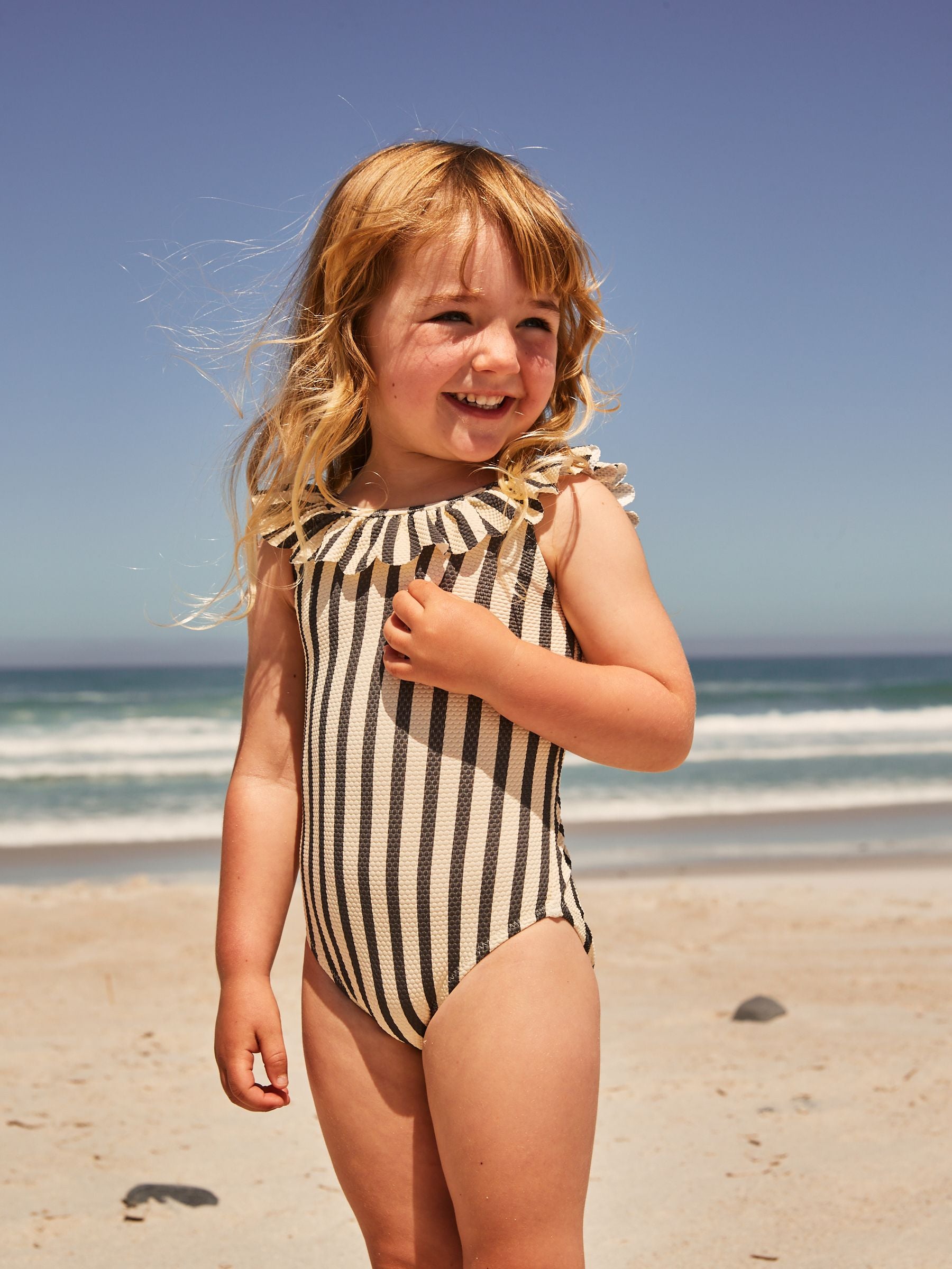 Black/White Stripe Frill Neck Swimsuit (3mths-7yrs)