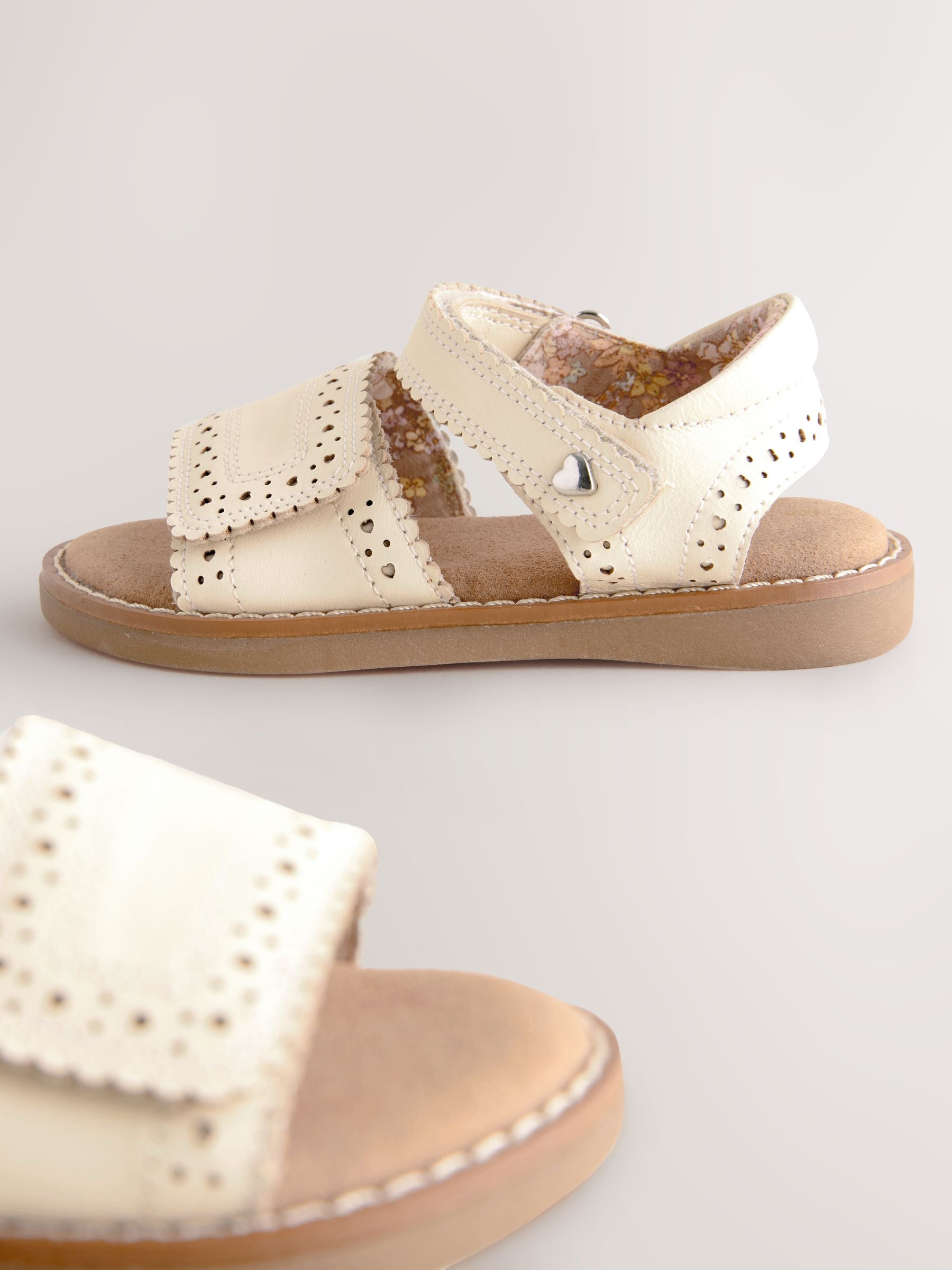 White Leather Brogue Touch Fastening Sandals