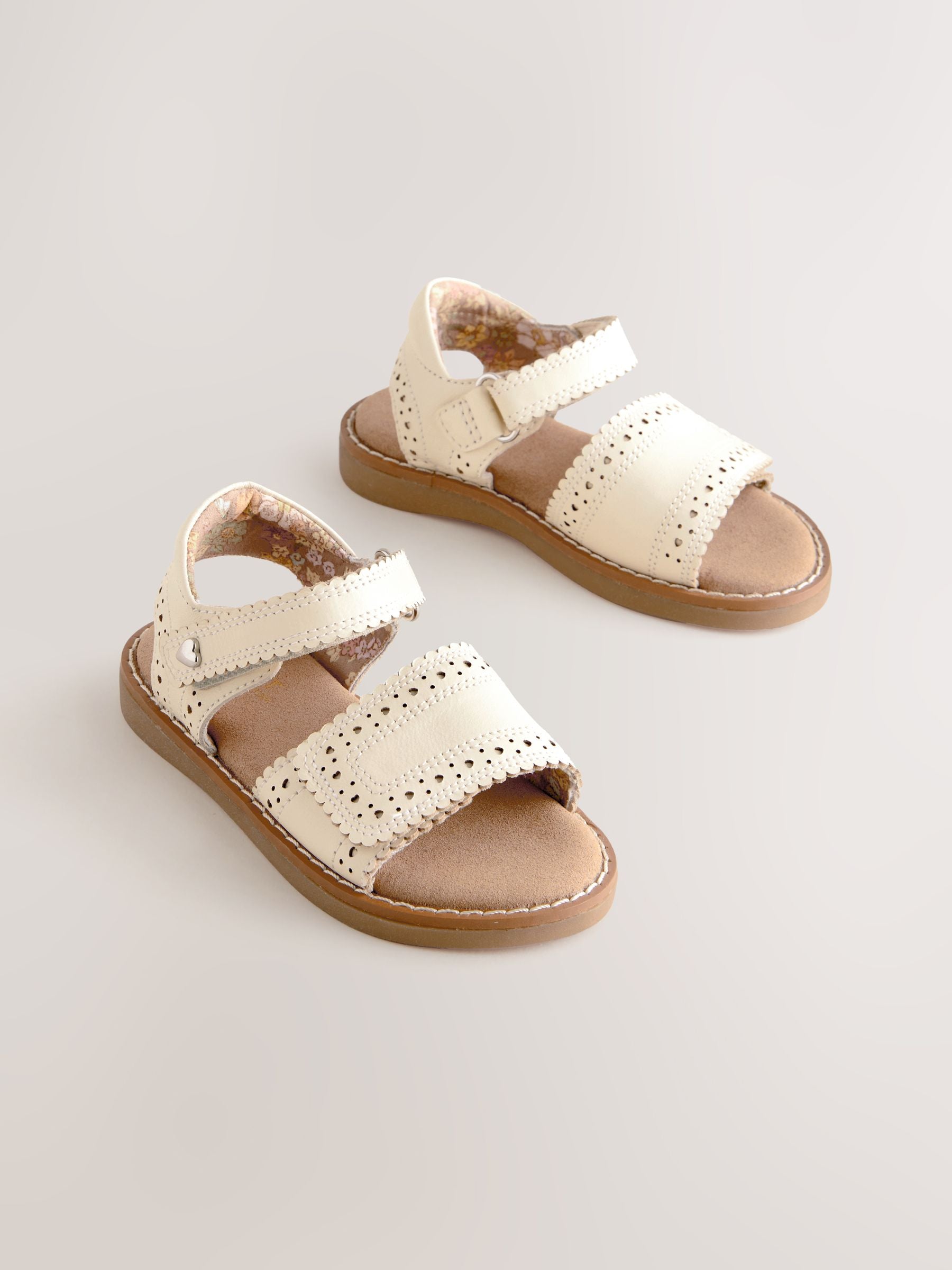 White Leather Brogue Touch Fastening Sandals