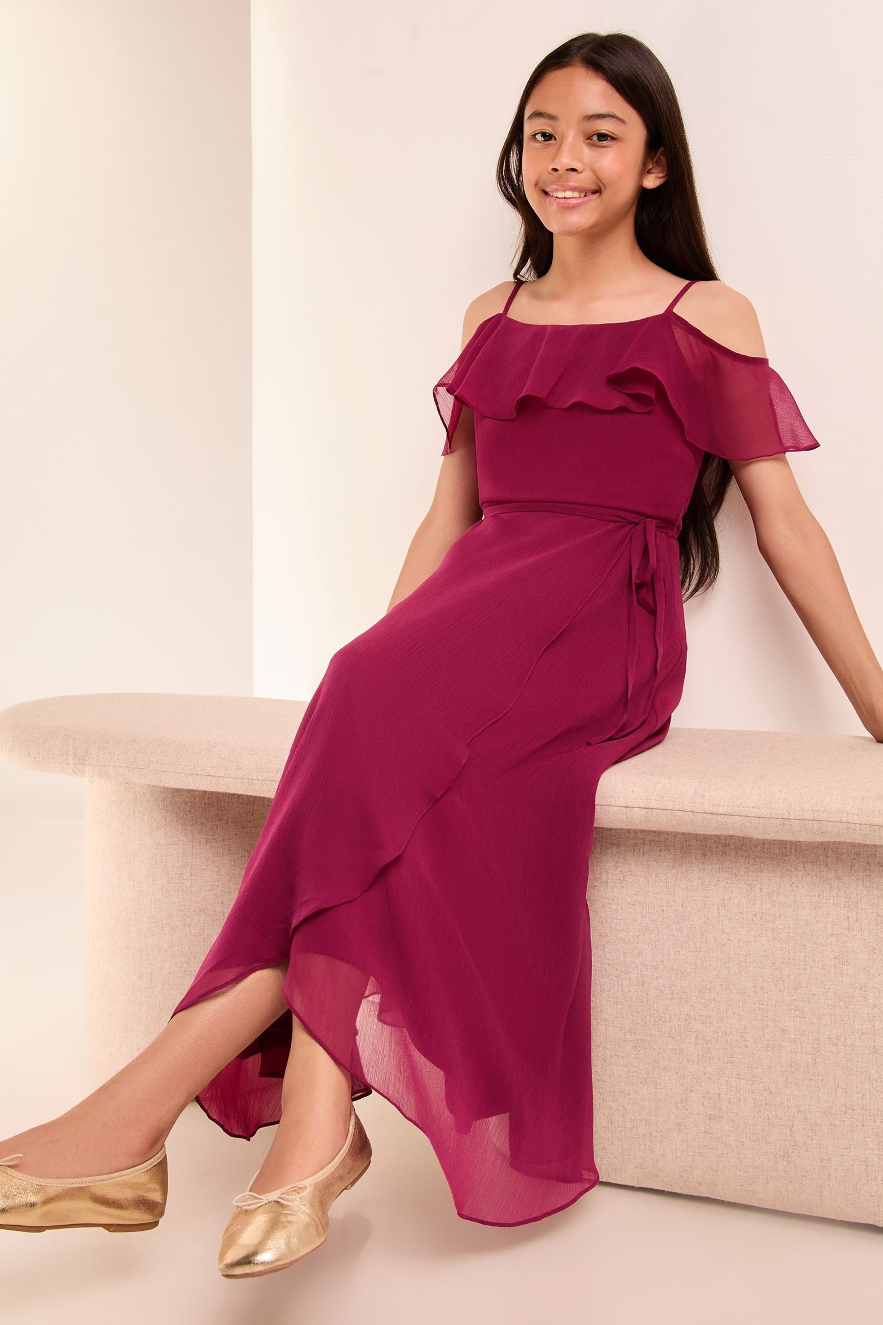 Burgundy Red Cold Shoulder Maxi Occasion Dress (10-16yrs)