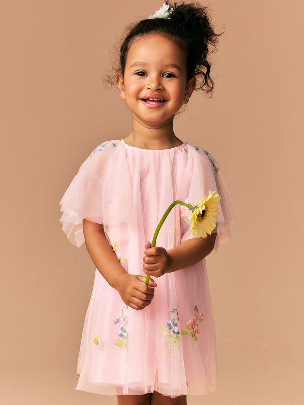 Pink Angel Sleeve Embroidered Mesh Dress (3mths-8yrs)