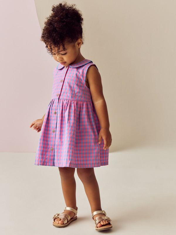 Pink/Purple Check Sleeveless 100% Cotton Collar Dress (3mths-10yrs)