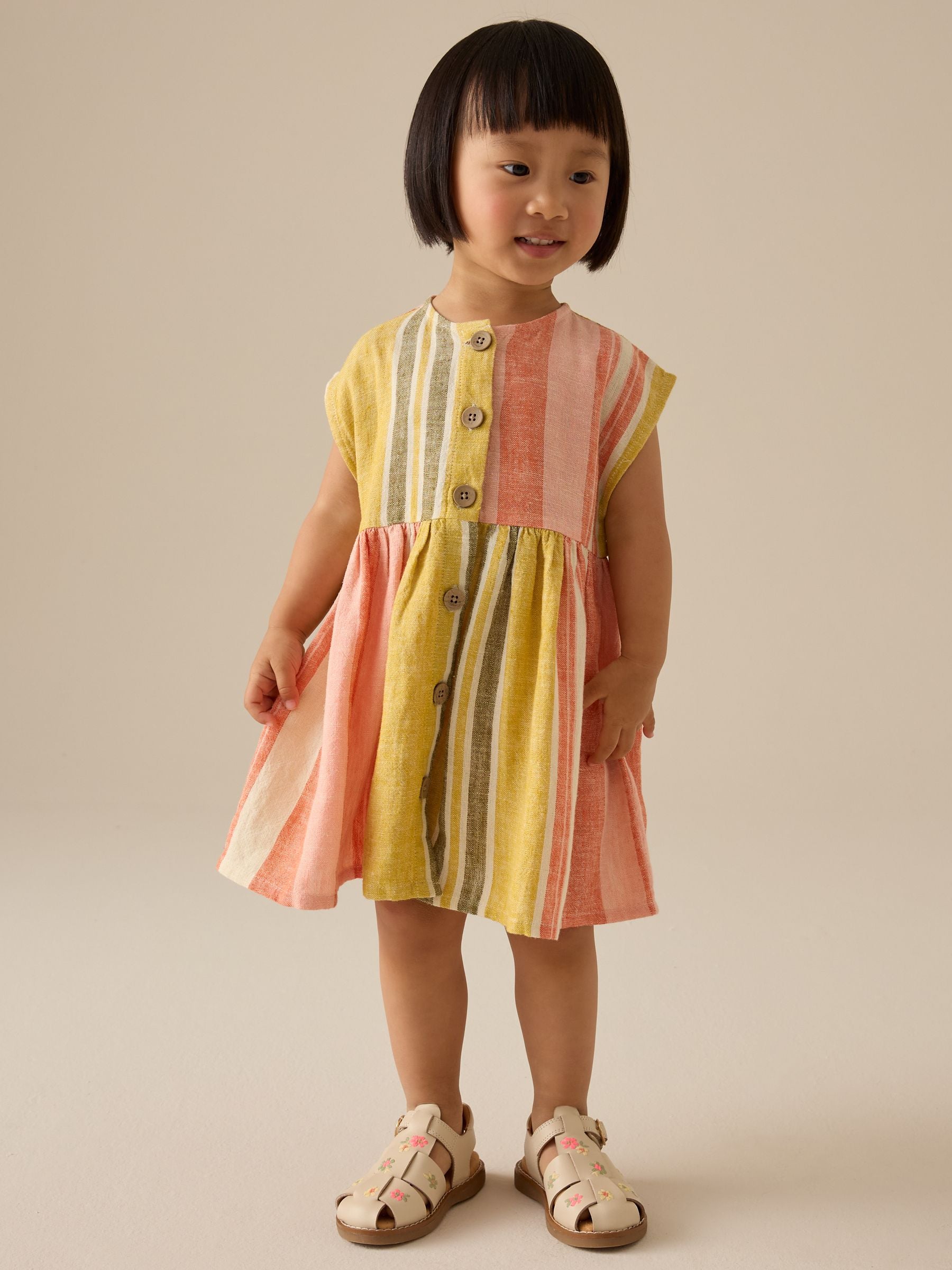 Rust/Pink Stripe Button Through 100% Cotton Dress (3mths-10yrs)