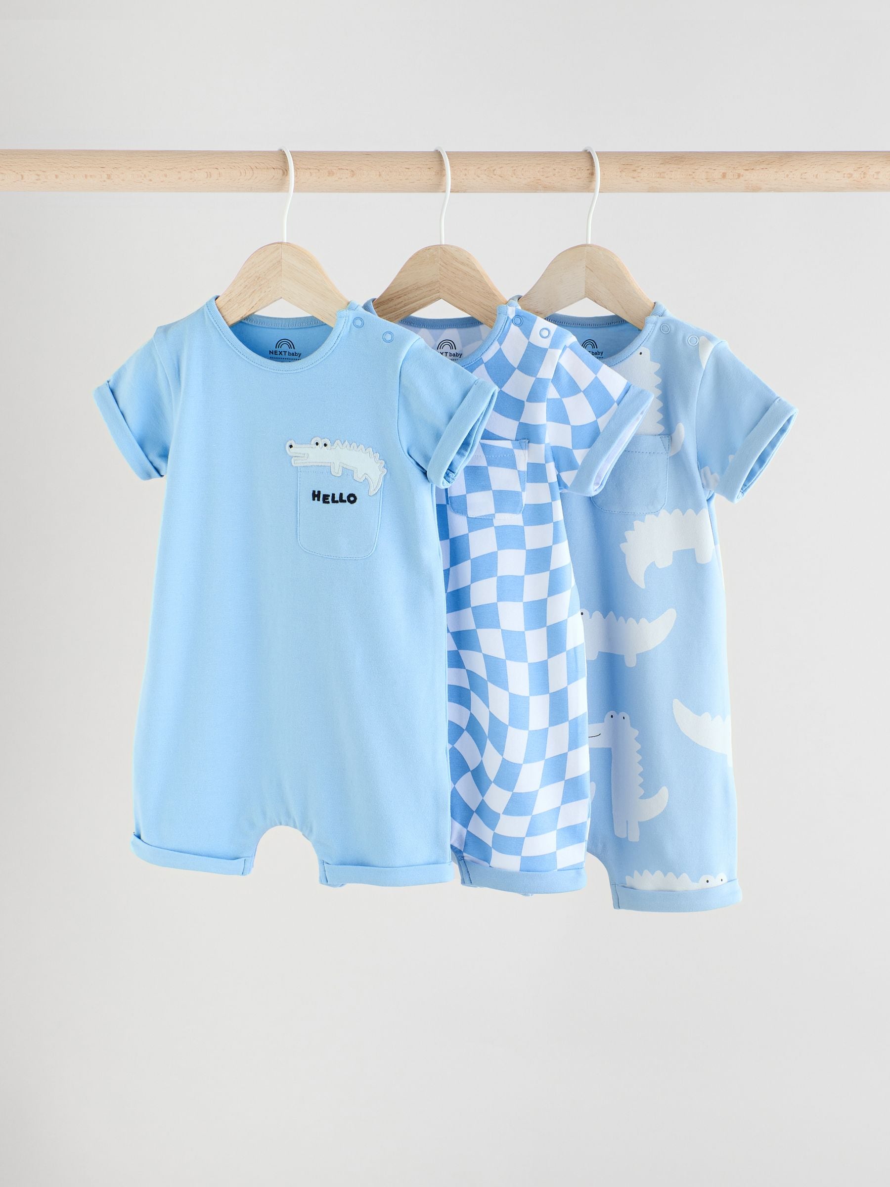 Blue/White Baby 100% Cotton Rompers 3 Pack