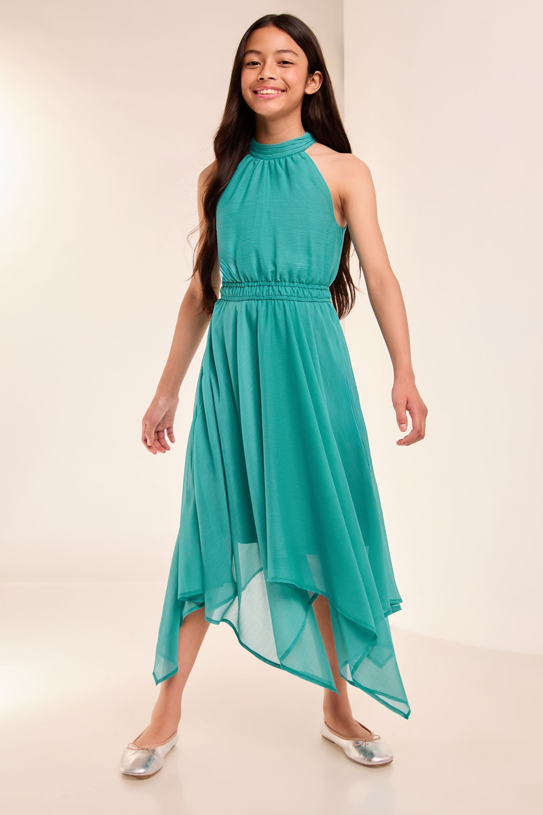 Lipsy Teal Green Hanky Hem Halter Occasion Dress (7-16yrs)