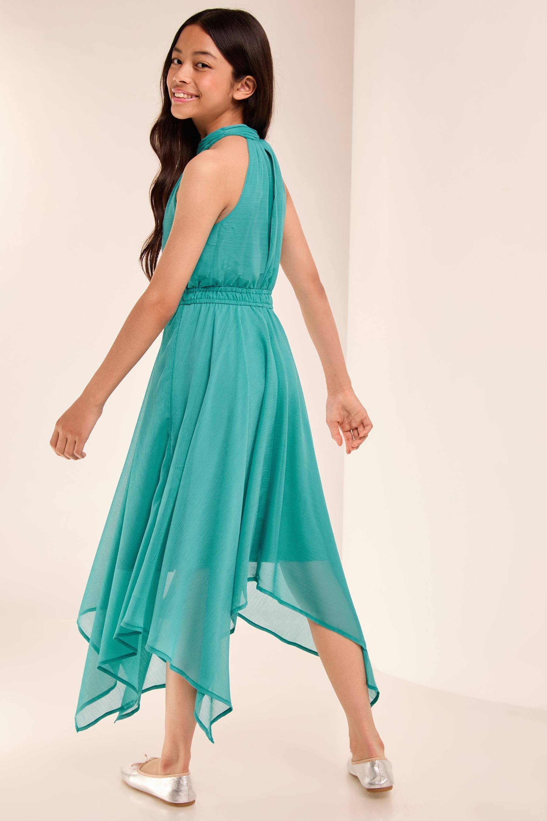 Lipsy Teal Green Hanky Hem Halter Occasion Dress (7-16yrs)