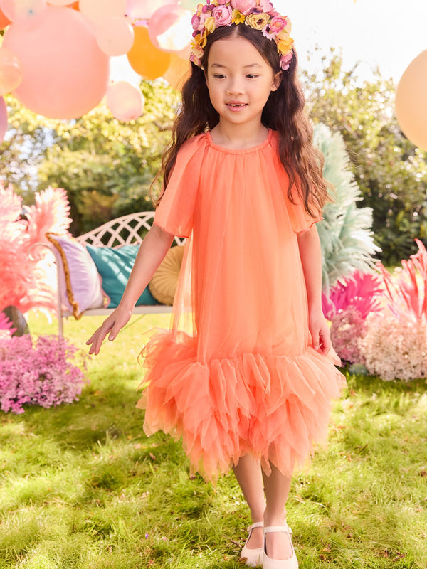 Bright Orange Mesh Party Dress (3-16yrs)