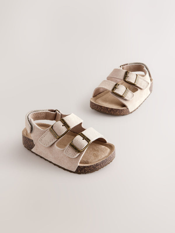 Neutral Wide Fit (G) Leather Double Buckle Cushioned Footbed Sandals