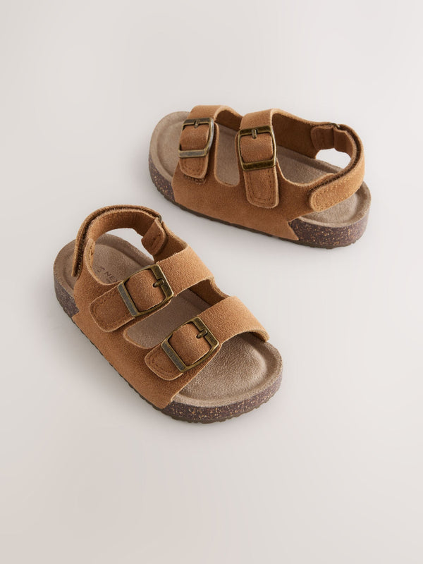 Tan Brown Wide Fit (G) Leather Double Buckle Cushioned Footbed Sandals