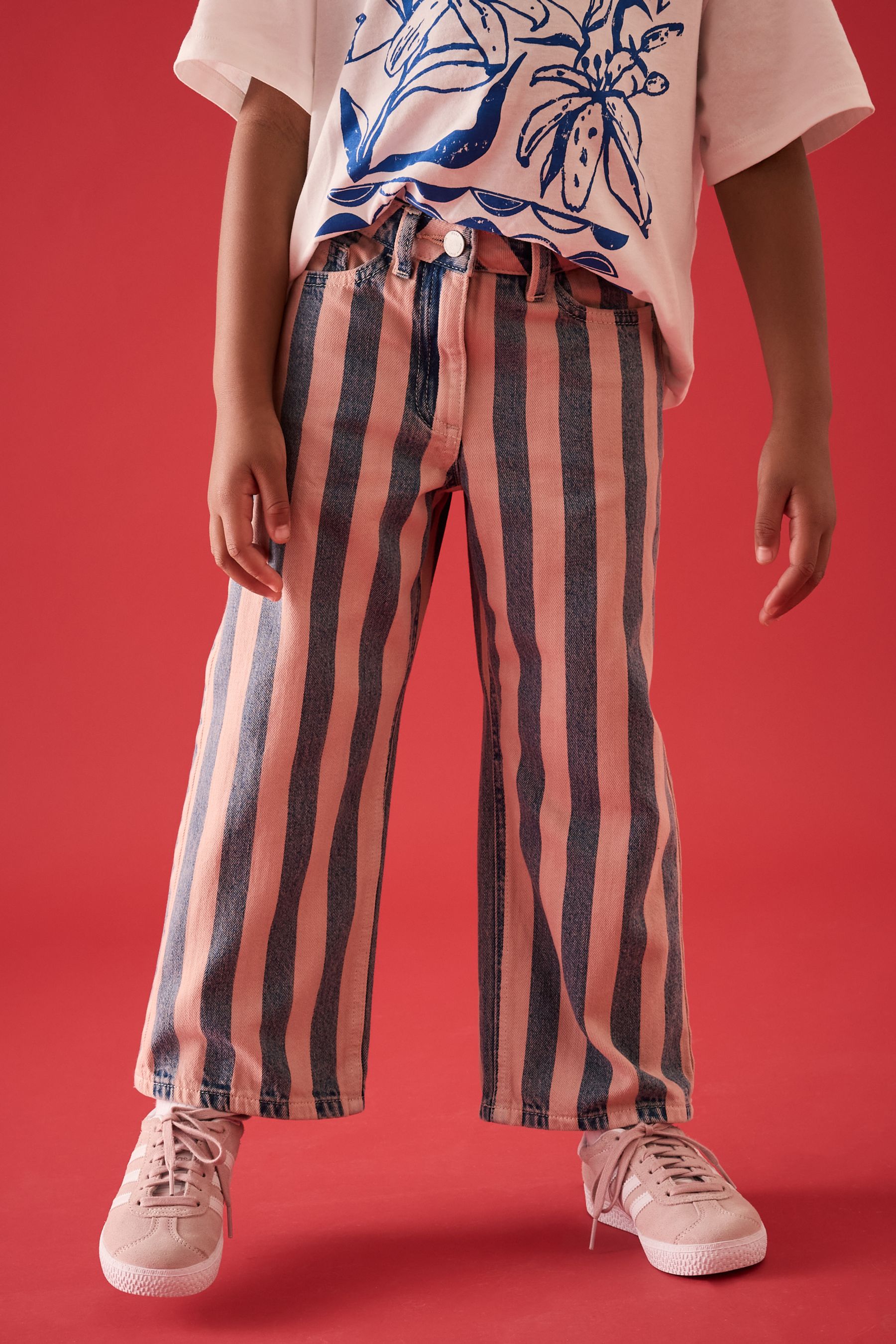 Pink and Denim Stripe 100% Cotton Wide Leg Jeans (3-16yrs)