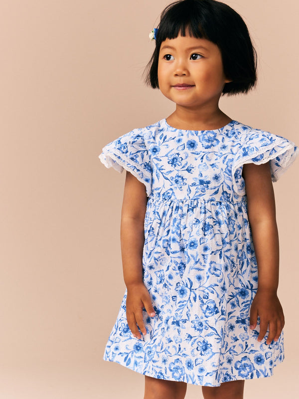 Blue Floral Angel Sleeve 100% Cotton Dress (3mths-8yrs)