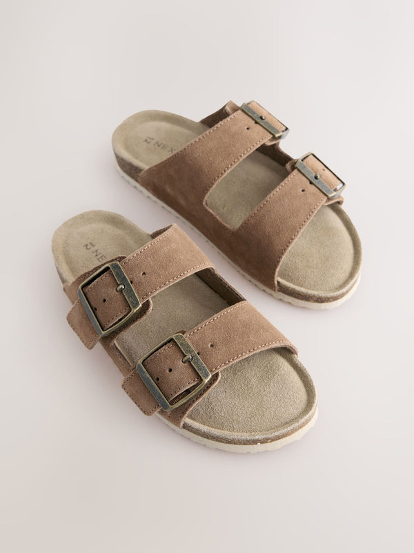 Tan Brown Suede Double Buckle Sandals