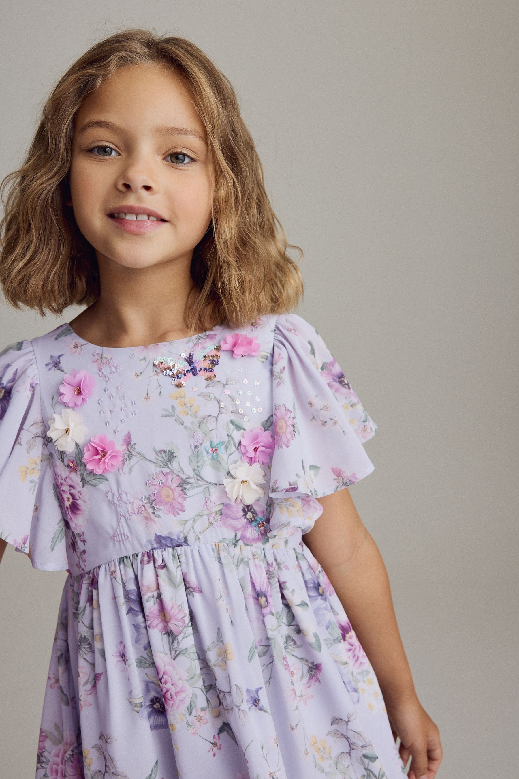 Lilac Purple Angel Sleeve Embellished Dress (3-16yrs)