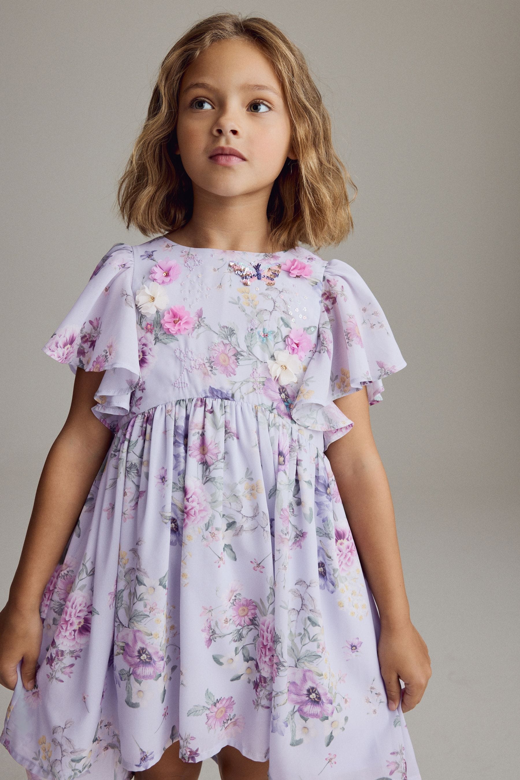 Lilac Purple Angel Sleeve Embellished Dress (3-16yrs)