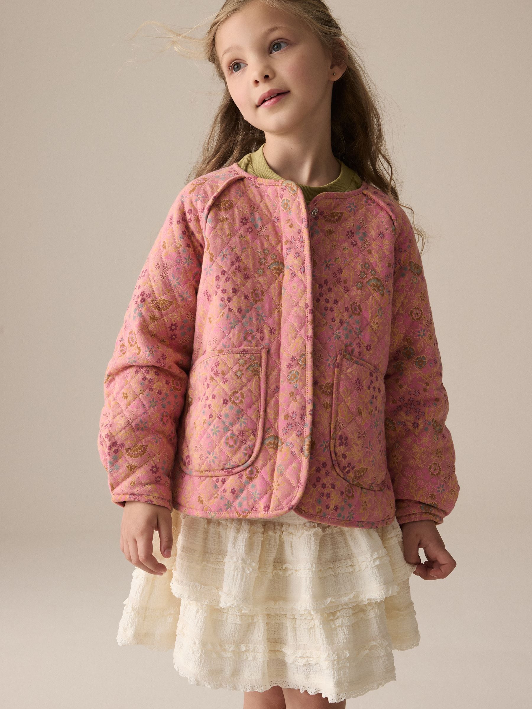 Pink Floral Print Quilted Jacket (3-16yrs)