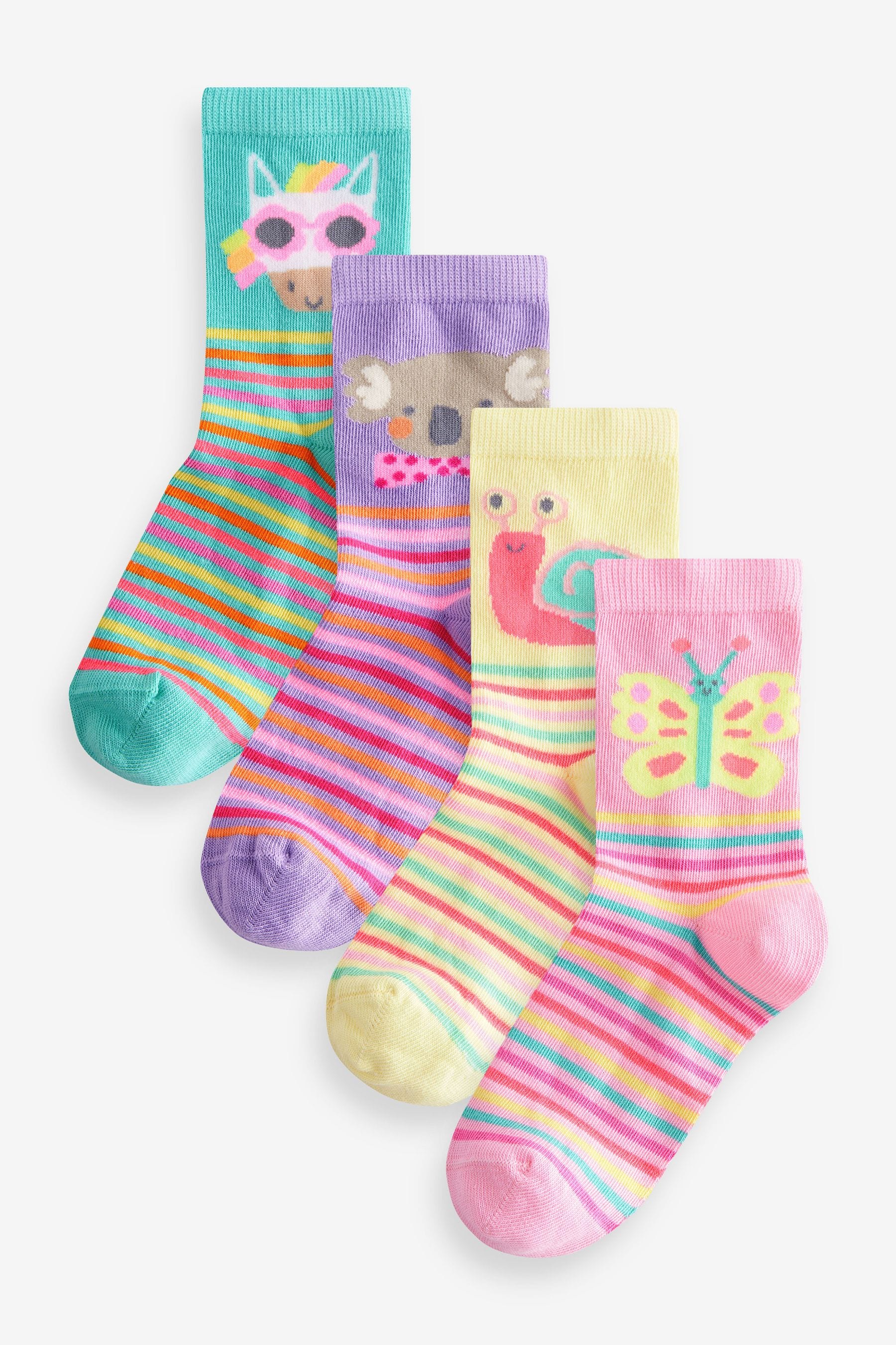 Pink, Purple and Green Cotton Rich Character Stripe Socks 4 Pack