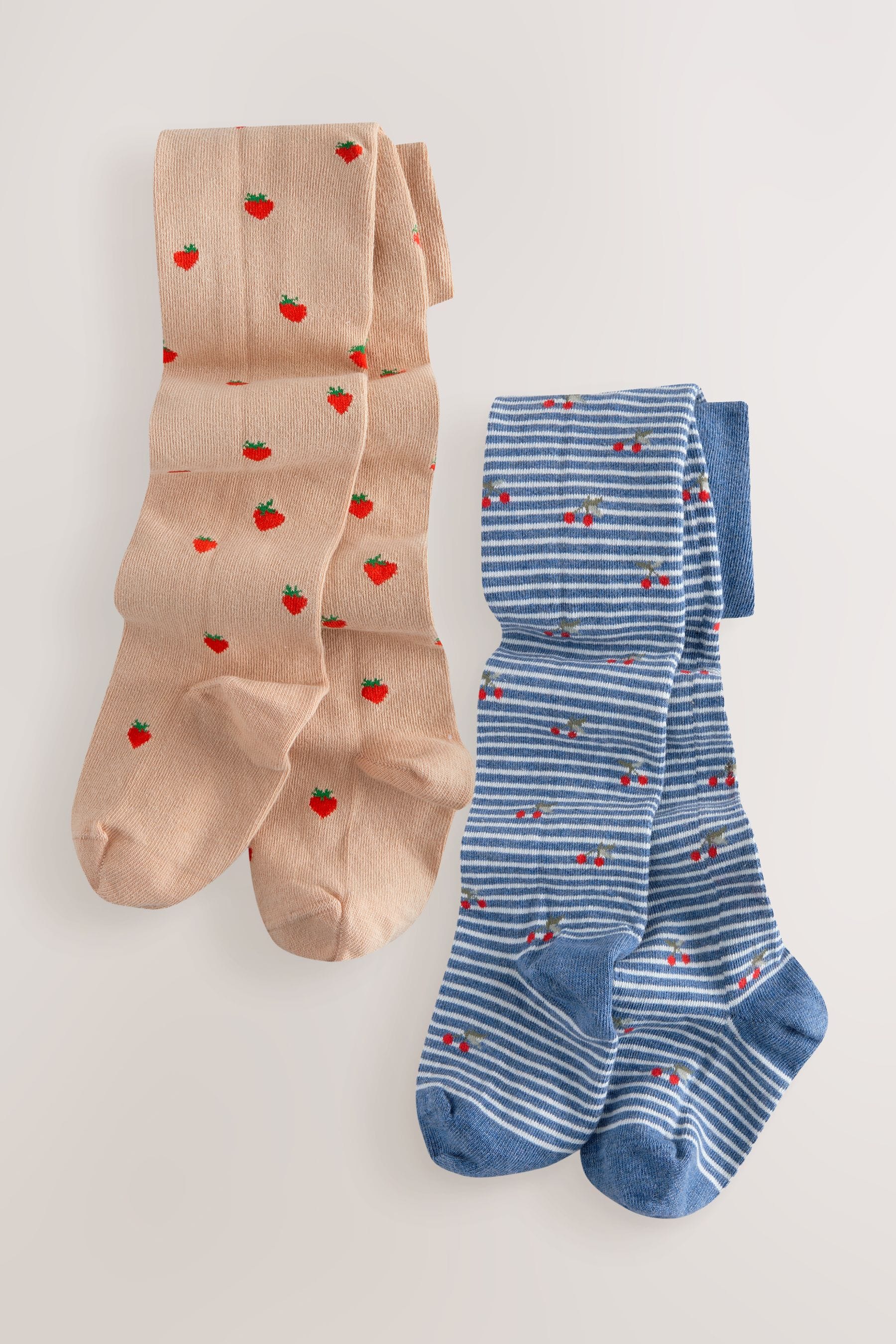 Blue and Neutral Brown Cotton Rich Strawberry and Cherry Tights 2 Pack