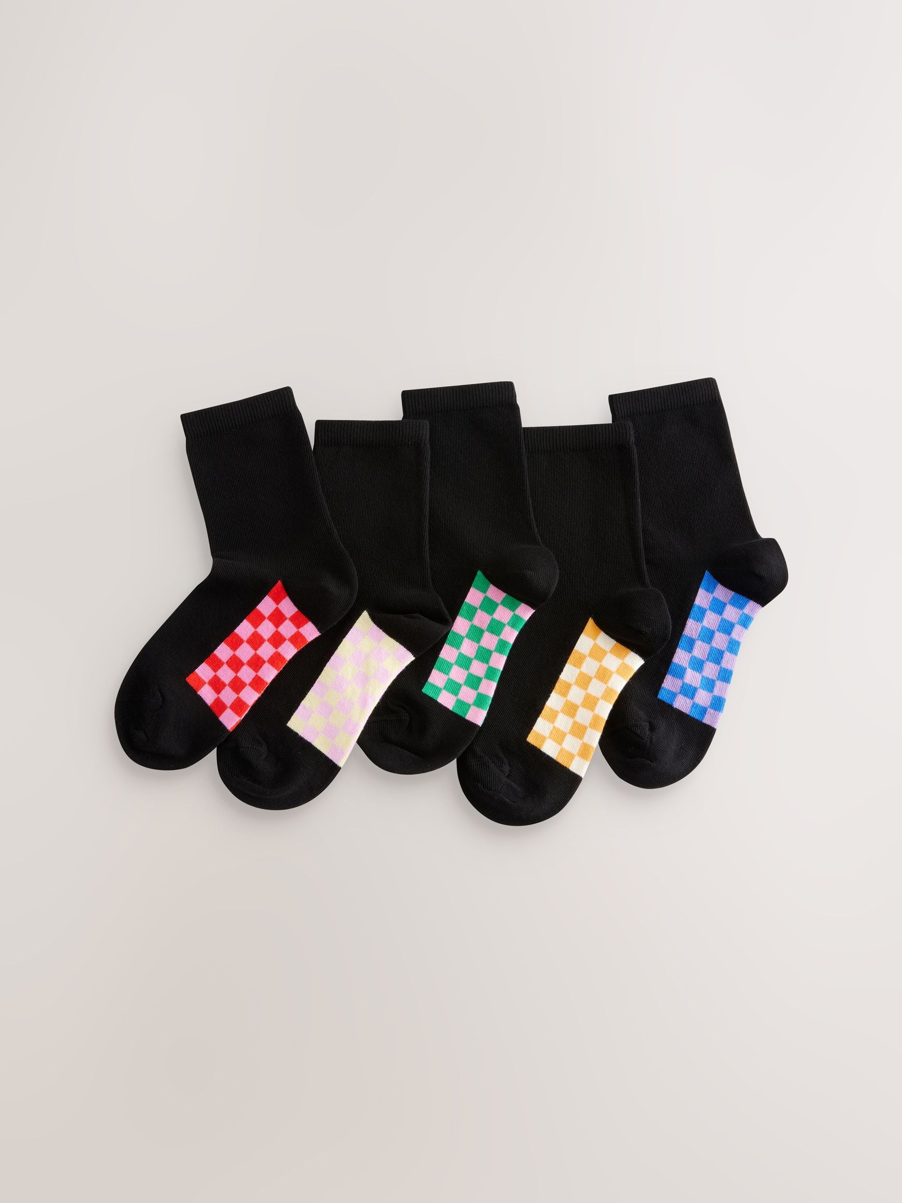 Black Checkerboard Cotton Rich Footbed Ankle School Socks 5 Pack