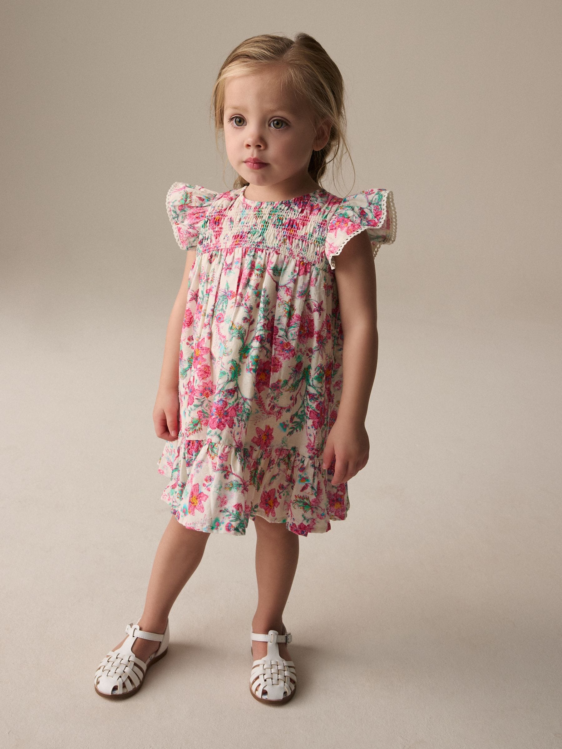 Pink Floral Shirred Angel Sleeve 100% Cotton Dress (3mths-8yrs)