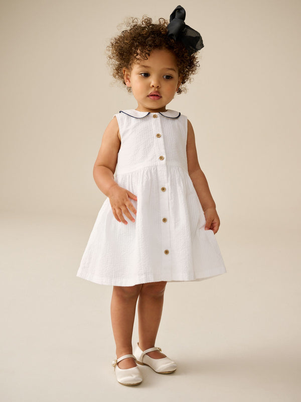 White Sleeveless 100% Cotton Collar Dress (3mths-10yrs)