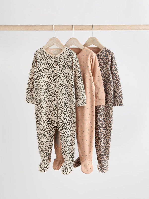 Brown Baby Animal Print 100% Cotton Sleepsuits 3 Pack (0mths-2yrs)