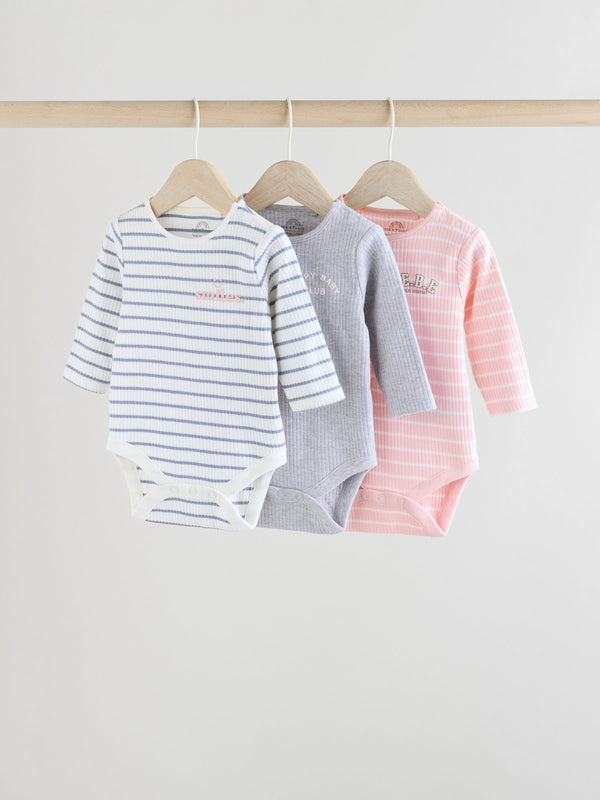 Pink Slogan Baby Long Sleeve Ribbed 100% Cotton Bodysuits 3 Pack