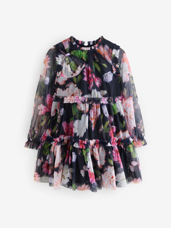 Baker by Ted Baker Navy Floral Print Tiered Mesh Dress