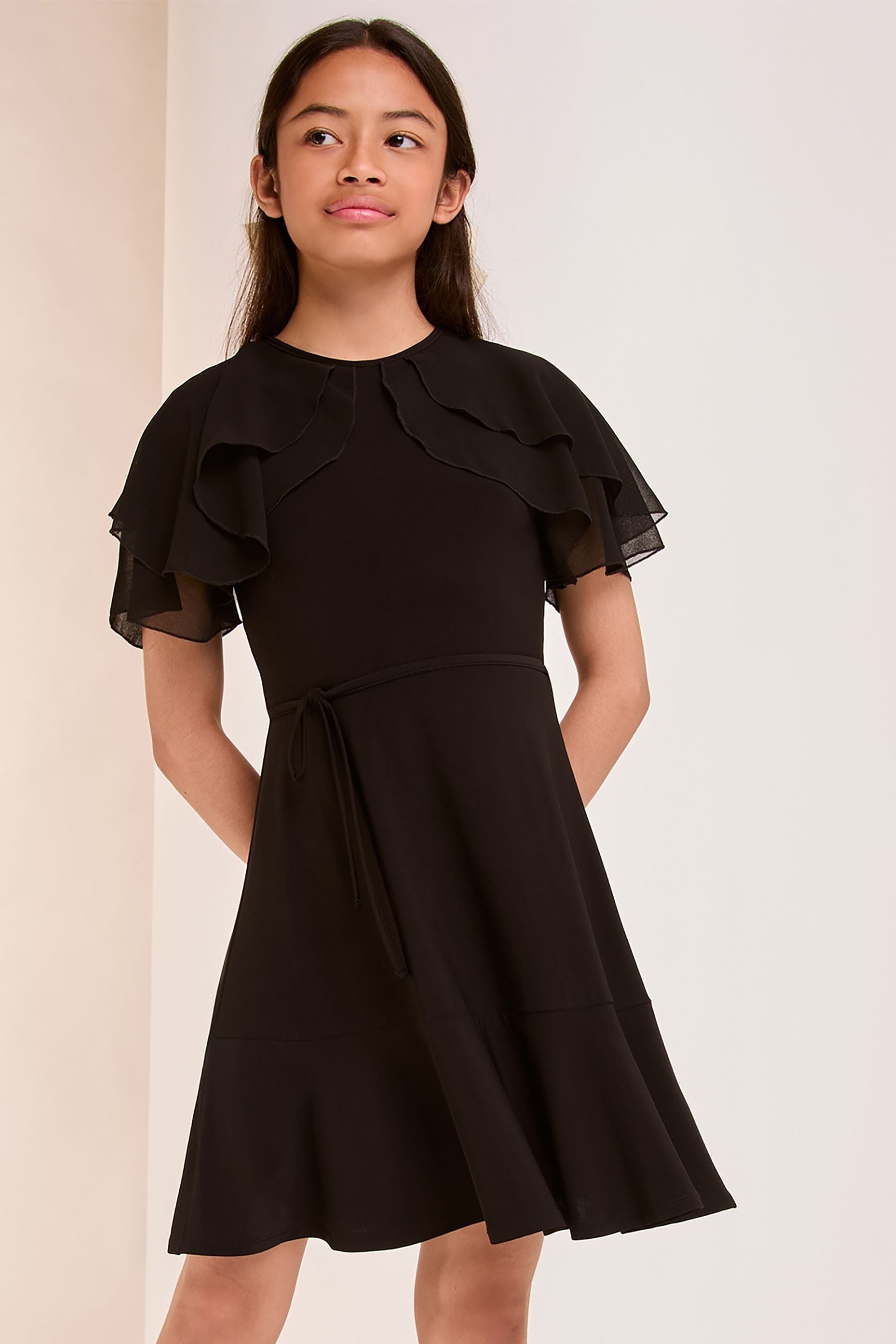 Lipsy Black Layered Flutter Sleeve Jersey Dress (5-16yrs)