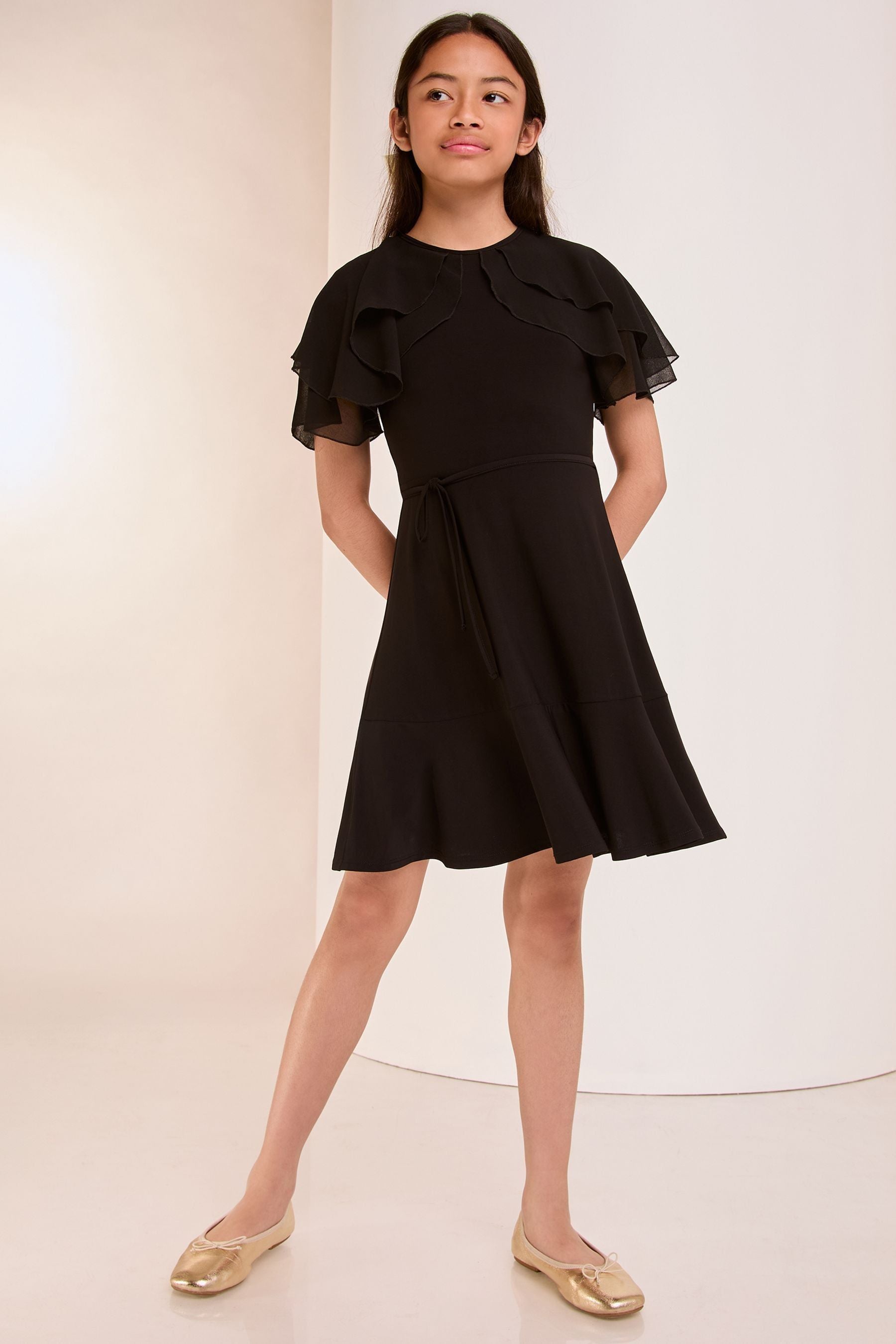 Lipsy Black Layered Flutter Sleeve Jersey Dress (5-16yrs)