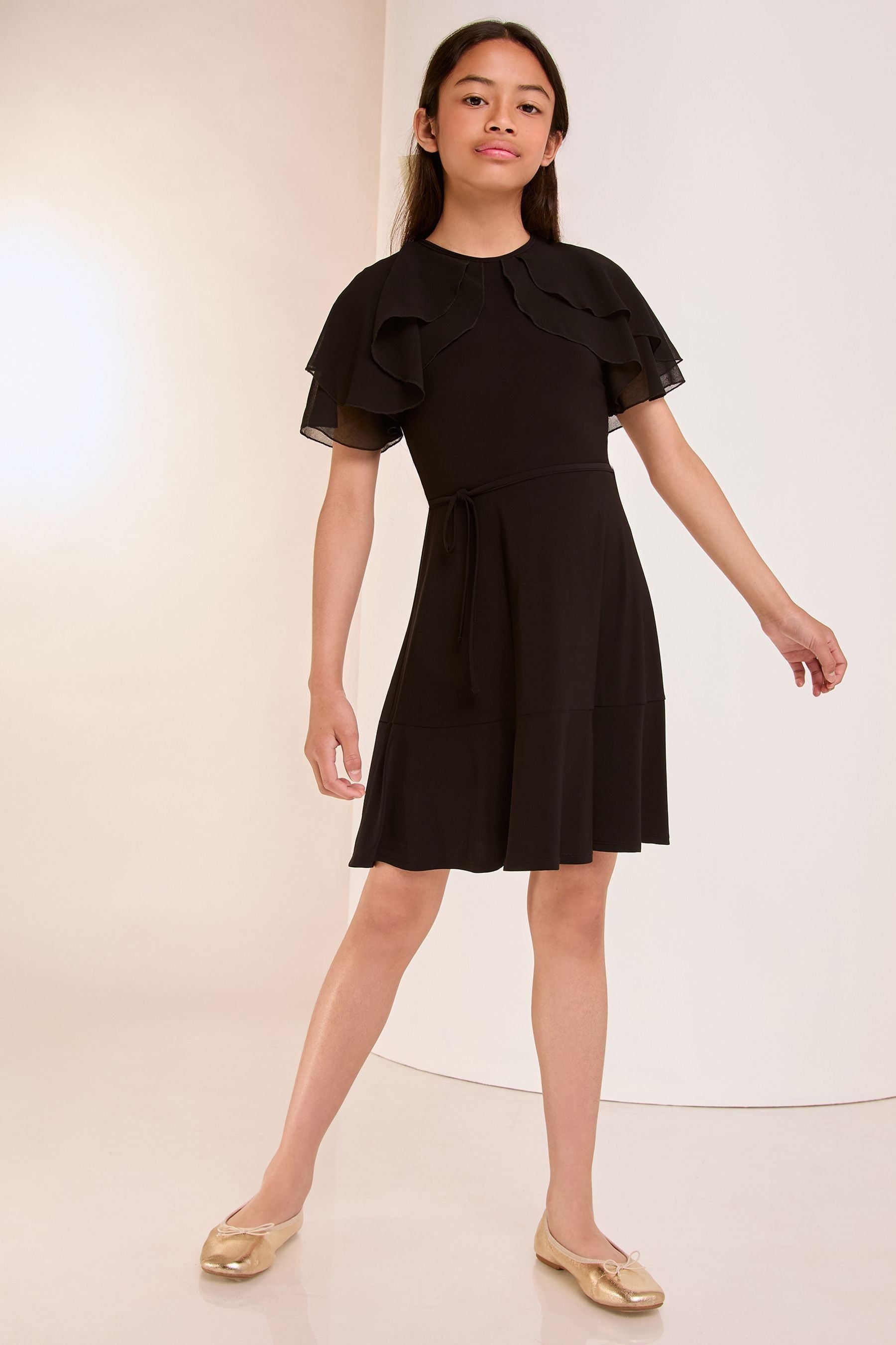 Lipsy Black Layered Flutter Sleeve Jersey Dress (5-16yrs)