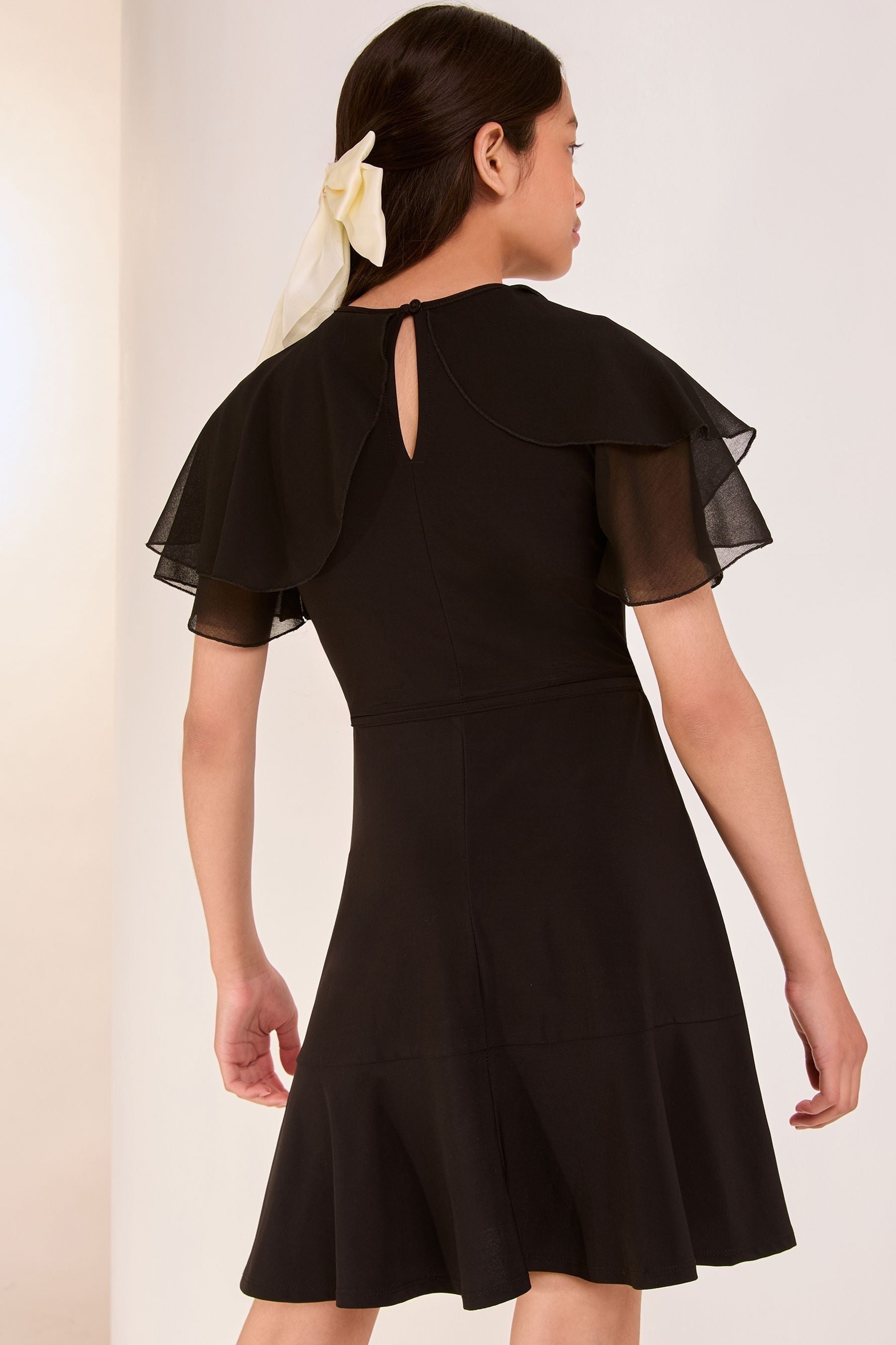 Black Layered Flutter Sleeve Jersey Dress (5-16yrs)