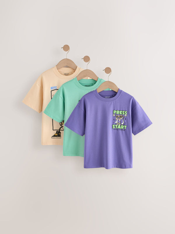 Green/Blue Cartoon Relaxed Fit Graphic 100% Cotton Short Sleeve T-Shirts 3 Pack (3-16yrs)