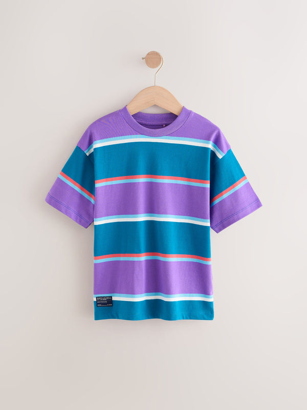 Purple/Teal Blue Stripe Relaxed Fit Short Sleeve 100% Cotton T-Shirt (3-16yrs)