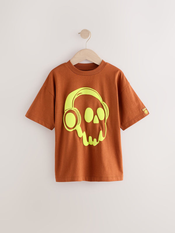 Rust Brown/ Fluro Skull Relaxed Fit Short Sleeve Graphic T-Shirt (3-16yrs)