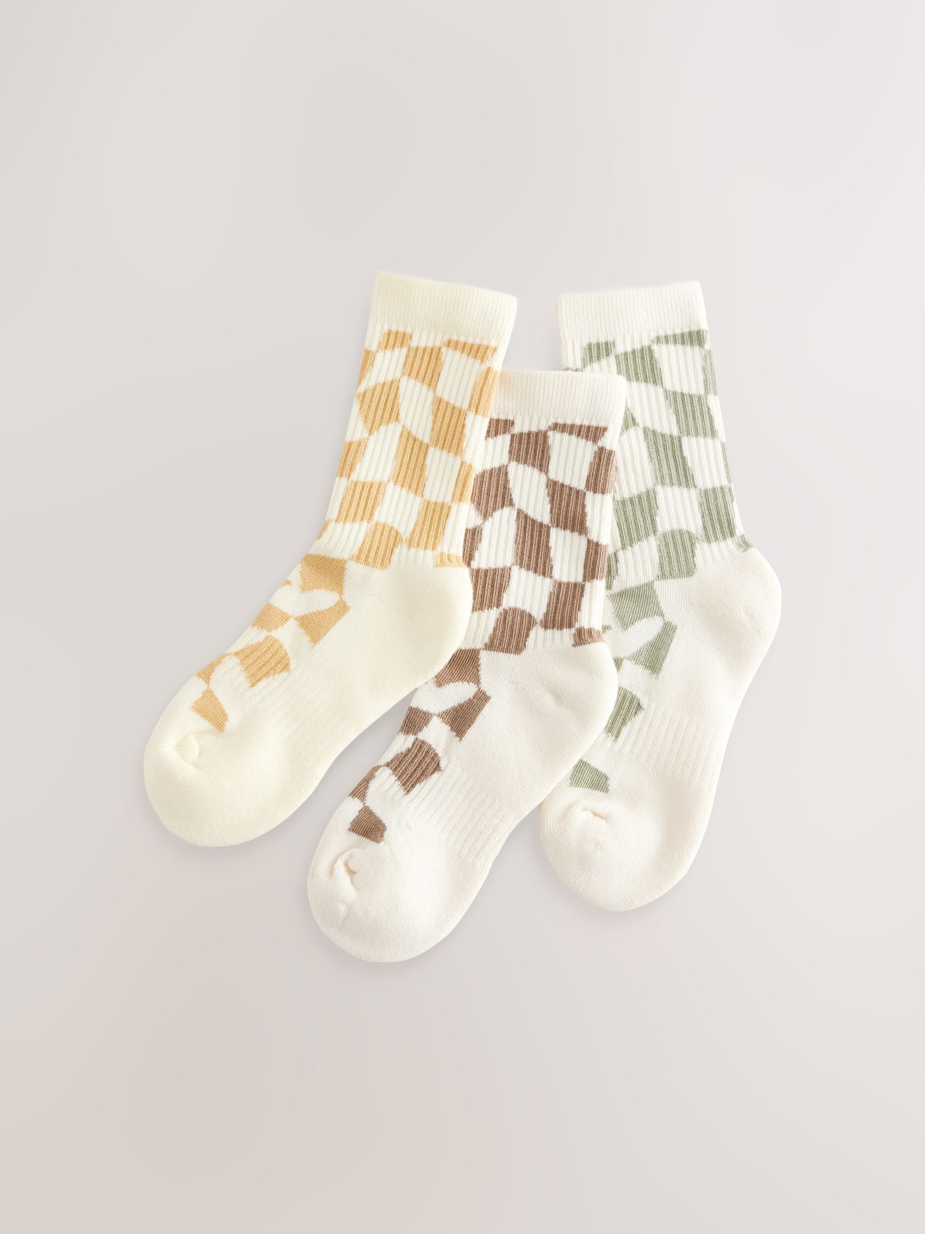 Neutral Cotton Rich Checkerboard Cushioned Sole Socks 3 Pack