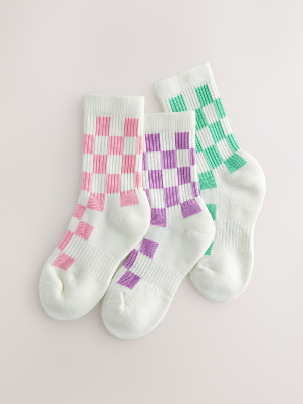 White, Pink, Purple and Green Cotton Rich Checkerboard Cushioned Sole Socks 3 Pack