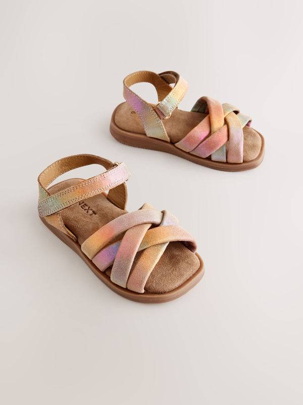 Multi Metallic Wide Fit (G) Leather Woven Sandals With Touch Fastening