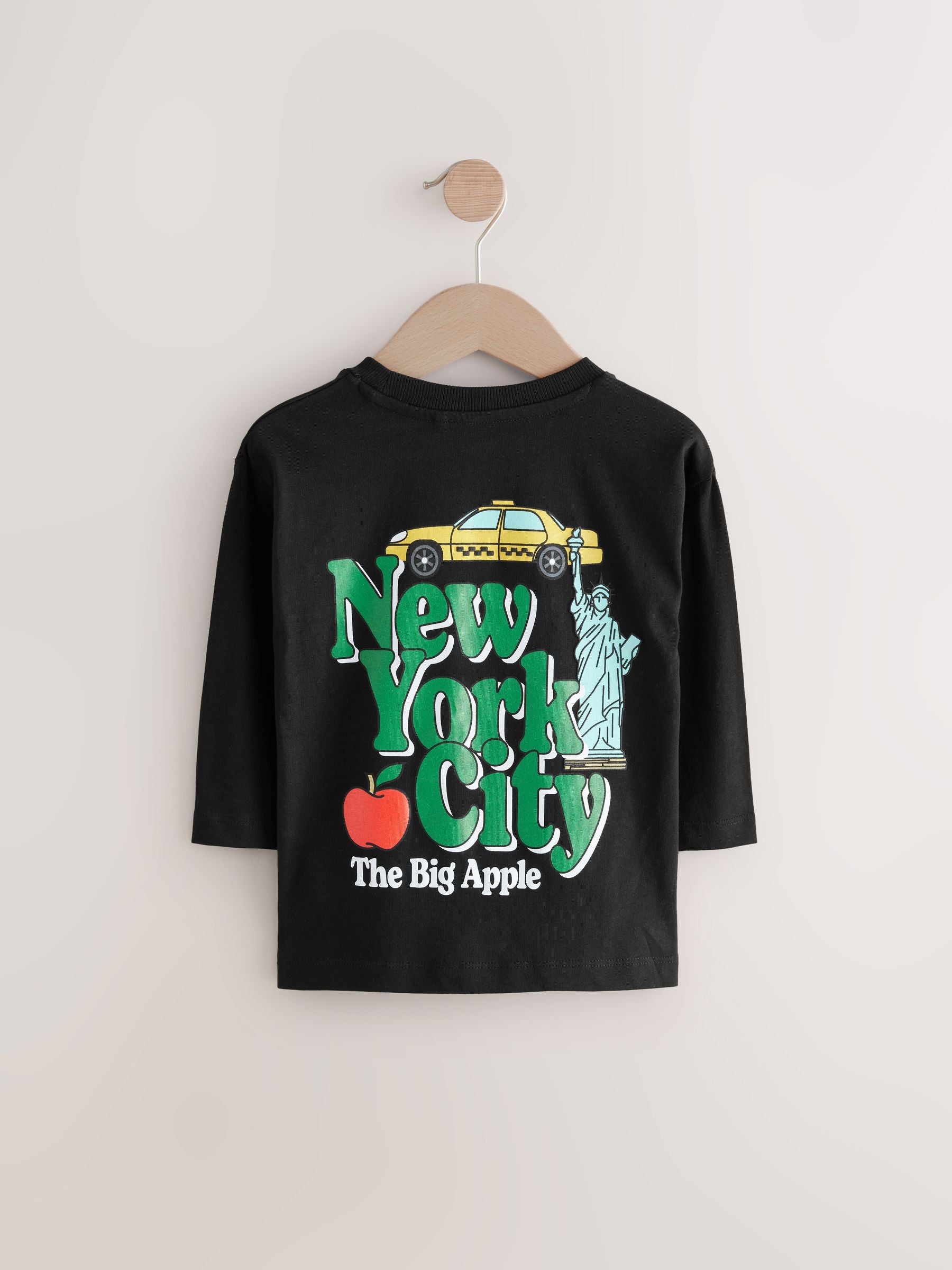 Black NYC Back Print Long Sleeve 100% Cotton T-Shirt (3mths-7yrs)