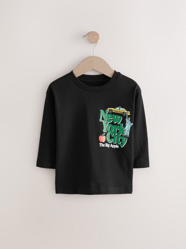 Black NYC Back Print Long Sleeve 100% Cotton T-Shirt (3mths-7yrs)