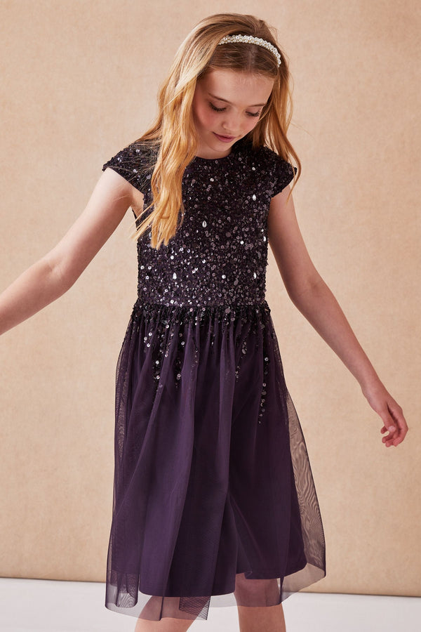 Purple Sequin Bodice Midi Occasion Dress