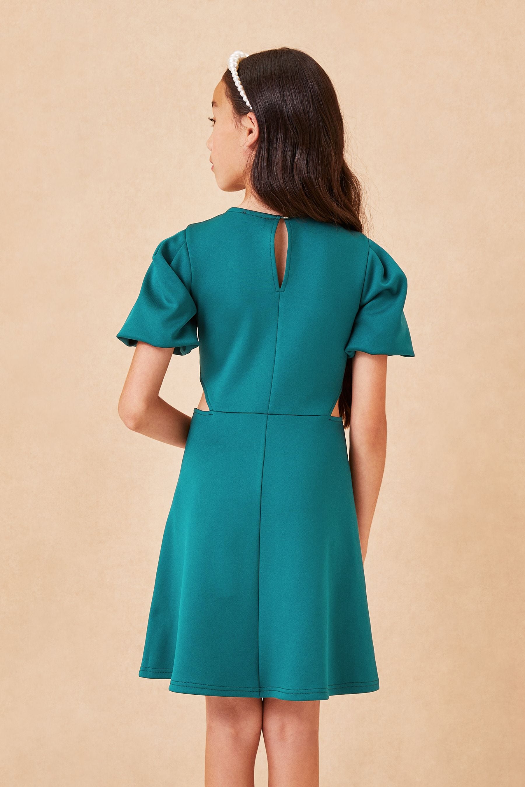 Teal Puff Sleeve Cut Out Dress